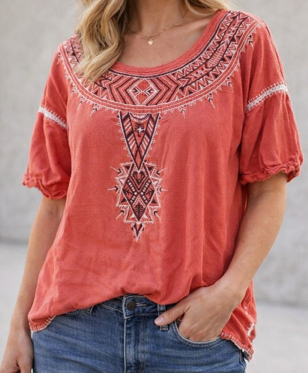 Free People Short Sleeve Cotton Embroidered Southwestern Top Coral Red Large